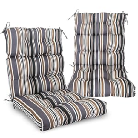 EAGLE PEAK Tufted Outdoor/Indoor High Back Patio Chair Cushions, Set of 2, 46'' x 22'', Beige Stripe