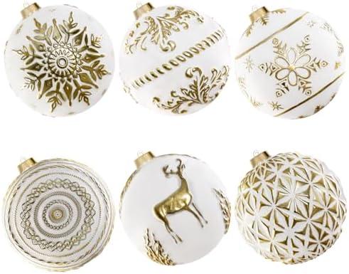 Lanpn 6 Pcs 6" Large Christmas Balls Ornaments, Outdoor Xmas Tree Hanging Decorations, Shatterproof Christmas Ball Ornament Set for Home Winter Holiday, Assorted Relief Pattern, White & Dark Gold