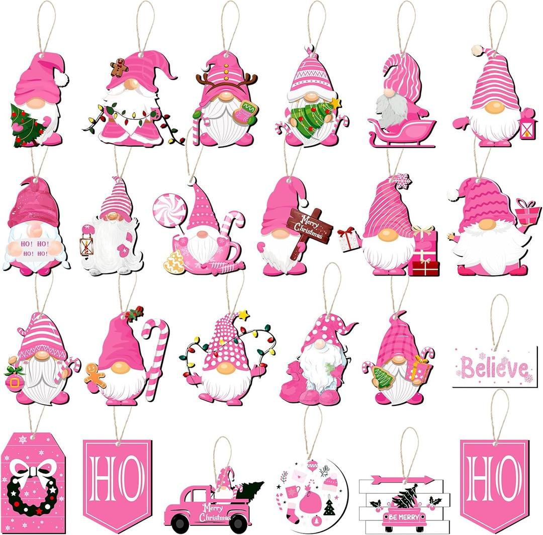 Blosssound 24 Pcs Pink Gnome Ornaments for Christmas Tree Wooden Xmas Hanging Ornaments Wood Santa Decoration for Tree Winter Holiday Craft Gnome Elf Party Supplies Decor