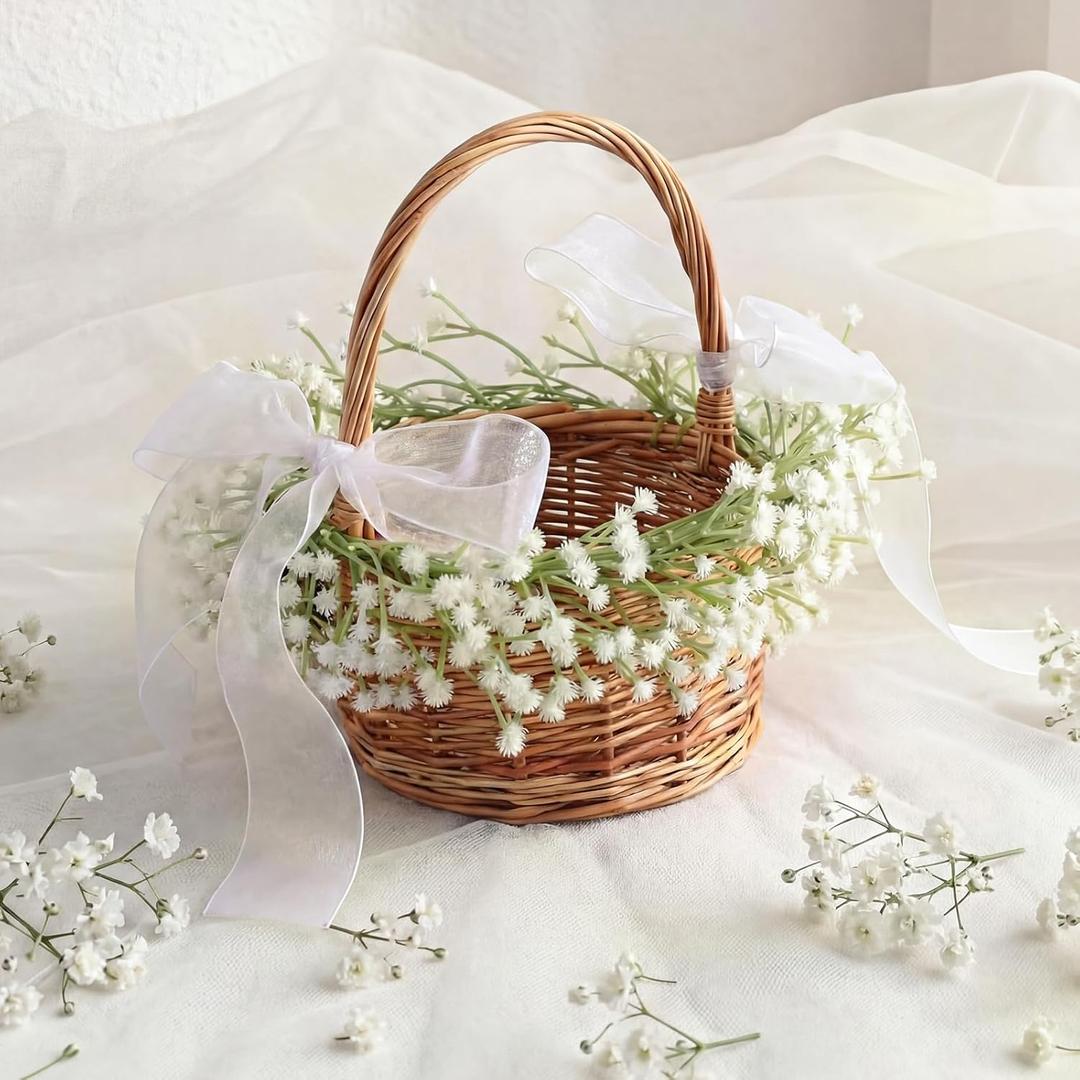 Flower Girl Basket Wedding Baby Breath Artificial Flower Girl Basket Rustic Wedding Small Wicker Rattan Baskets with Bow Handle for Spring Home Decoration Baby Shower Picnic Garden Party