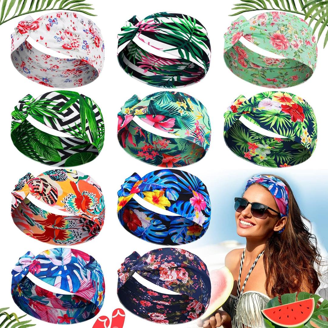 Jutom 10 Pcs Women's Headbands Beach Boho Headbands Summer Hawaii Knotted Hair Band Elastic Tropical Turban Floral Vintage Head Wrap Bohemian Twisted Criss Yoga Accessories for Women