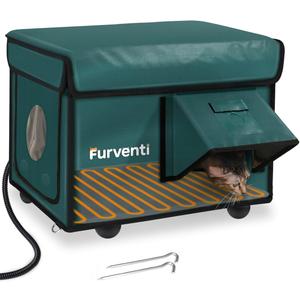 Outdoor Heated Cat House in Winter, Extremely Insulated & Weatherproof, Feral Cat Shelter with Waterproof Eaves & Escape Door for Outside Stray Barn Cat (Dark Green, 16.9"x12.6"x13.4")