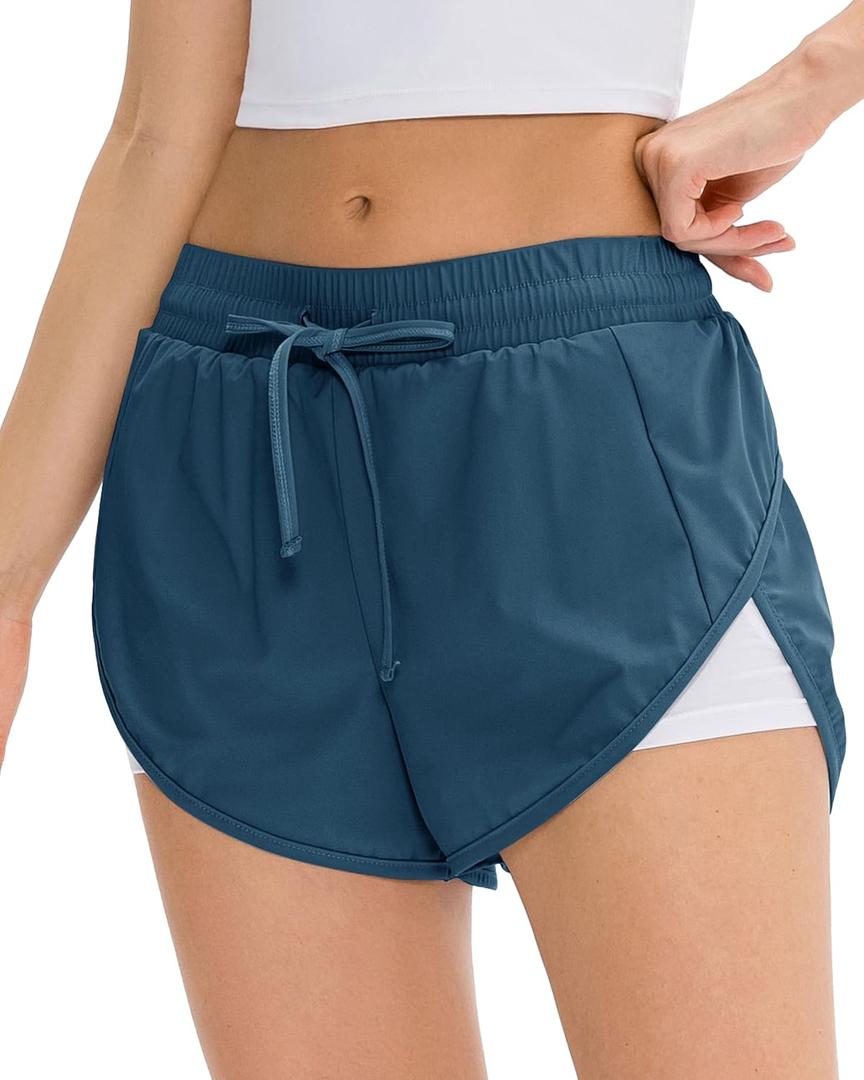 GADIEMKENSD Womens Athletic Running Shorts, Quick Dry High Split Elastic Liner for Yoga Gym Workout (Blue, XL)