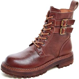 Leather Ankle Boots for Women Lace Up Booties Low Heel (9.5, Brown)