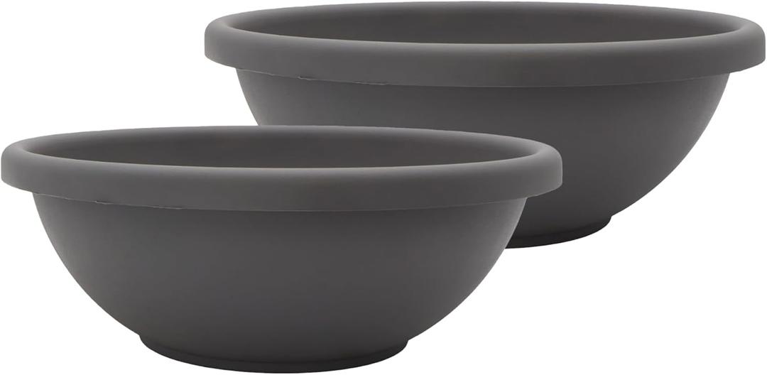 The HC Companies 24 Inch Shallow Garden Bowl Plant Pot with Drainage, Lightweight UV-Resistant Plastic Planters for Succulents, Herbs & More, 2-Pack Planters for Indoor Outdoor Home Decor, Warm Gray