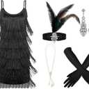 Zhanmai 6 Pcs Flapper Dress Flapper Costumes for Women 1920s Accessories Set Headband Pearl Necklace Earrings Gloves Stick (Medium, Black)