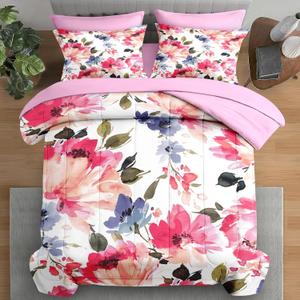 Pamnest Comforter Set Queen Size, Flower Floral Leaf 7 Pcs Bedding for Kids and Adults, Painting Summer Spring Bed Sheet Sets with Fitted Sheet 2 Pillowcases & 2 Shams for Bedroom Bed Decor, Lnk Flowers