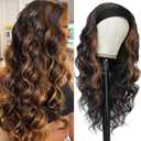 Long Wavy Headband Wig for Women Black Wigs with Brown Blonde Highlight 200% Denisty Headband Wigs Put On and Go Glueless Wig Long Synthetic Wig for Women Party Daliy Use