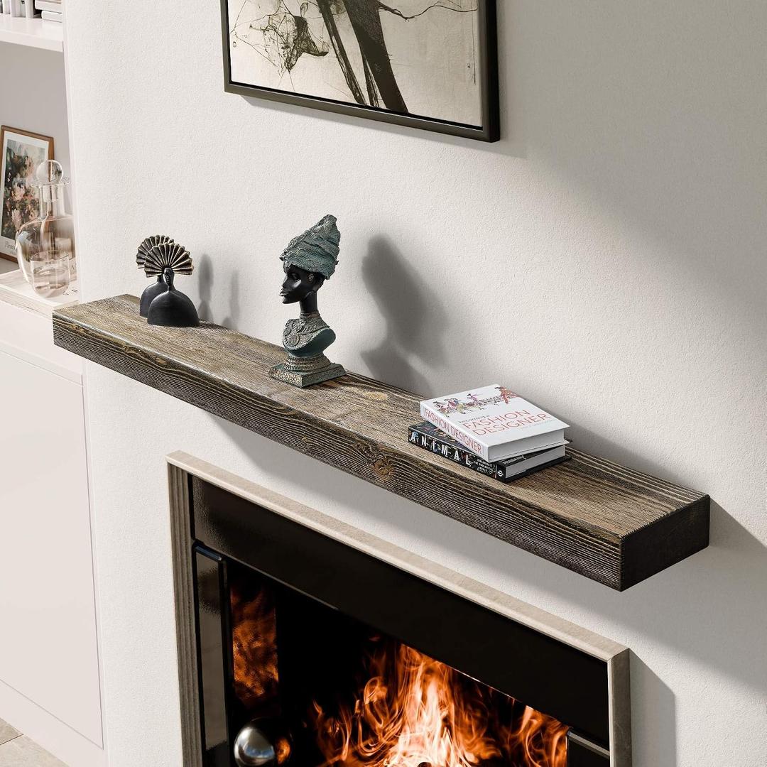 BoscoMondo Solid Wood Fireplace Mantel Shelf, Floating Mantle for Living Room, Farmhouse Rustic Wood Mantel, Easy Wall Mount with Heavy-Duty Metal Bracket (66", Olive)