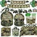 Army Birthday Party Decorations Tableware Set, 196 PCs Camo Birthday Supplies with Plates, Napkins, Forks, Hanging Swirls, Banner, Tablecloth for Military Camouflage Party, Serves 24 Guests