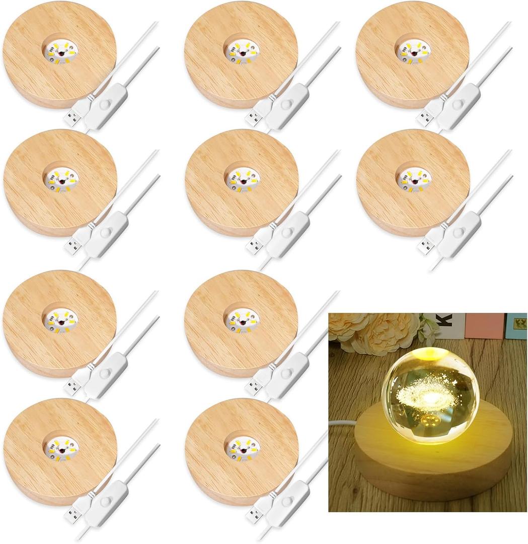 10 Pcs Wooden LED Display Bases Round Wood Display Lighted Bases for Glass Art LED Lighted Display Stand Bases for 3D Crystal Ball Room Office Home Decor