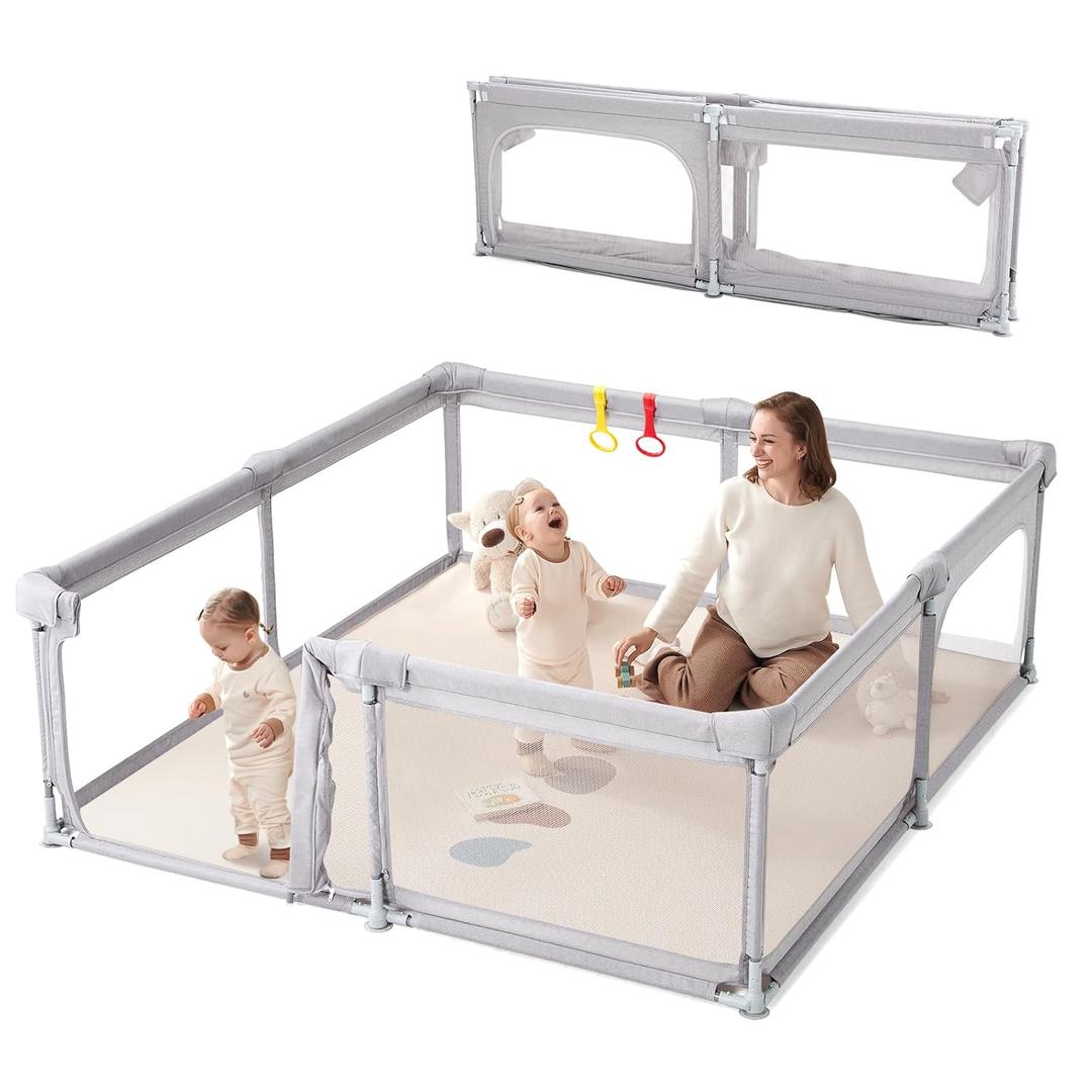 Foldable Baby Playpen with Double Door, 79"×71" Extra Large Playpen for Babies and Toddler,Play Yard with Breathable Mesh, Baby Fence Play Area for Indoor & Outdoor,Grey
