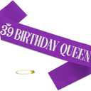 8 x 39 Birthday Queen Sash for Women Purple Satin with Silver Foil Letter Happy Birthday Fabulous Party Favors Decorations Supplies Purple Silver