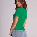 LOMON Women's Crew Neck Short Sleeves T Shirts Ribbed Summer Basic Tees Lettuce Edge Tops Green Small