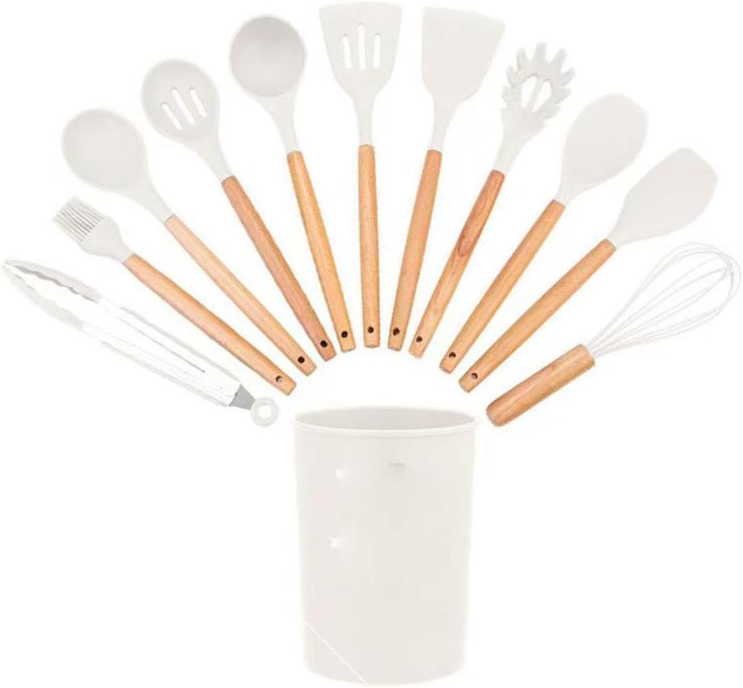 12 Pcs Silicone Cooking Kitchen Utensils Set,Non Stick Silicone Cooking Utensil Set Wooden Handle Heat ResistanceCooking Stirring Tools (White)