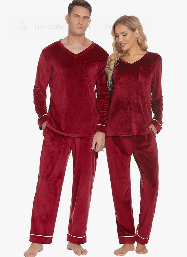 Ekouaer Couples Matching Pajamas Sets Velvet PJs Set for Men and Women Velour Long Sleeve Sleepwear Size M