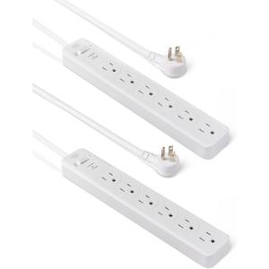 Amazon Basics Rectangle 6-Outlet, 600 Joule Surge Protector Power Strip, 2ft, Small, White, 2-Pack
