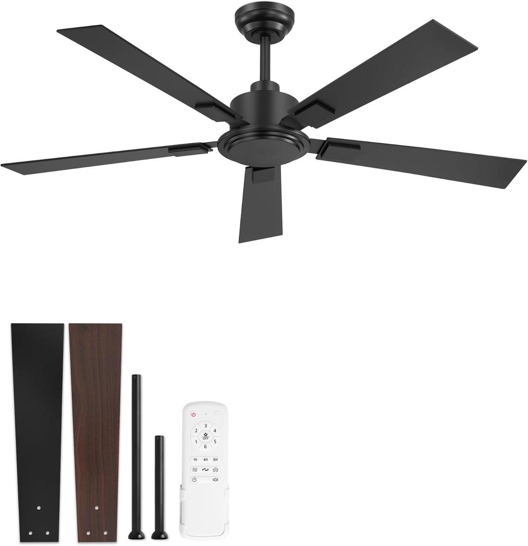 ZMISHIBO 52 Inch Ceiling Fan No Light with Remote, Black Ceiling Fan without Lights, Quiet Reversible DC Motor, 6-Speeds, Modern Ceiling Fans for Living Room, Bedroom, Patio, Indoor/Outdoor Use