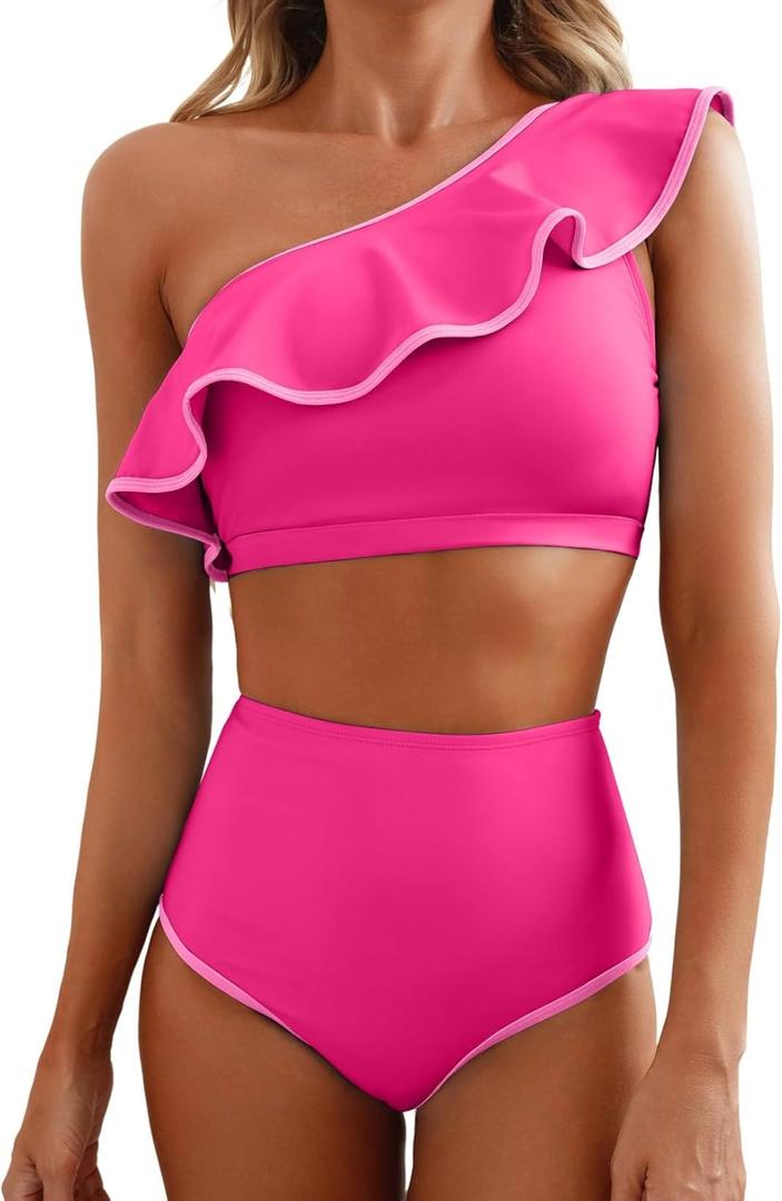 Herseas Women's One Shoulder Bikini Sets Color Block Trim Ruffle Hem Swimsuits Elegant Bathing Suits (Pink, M)