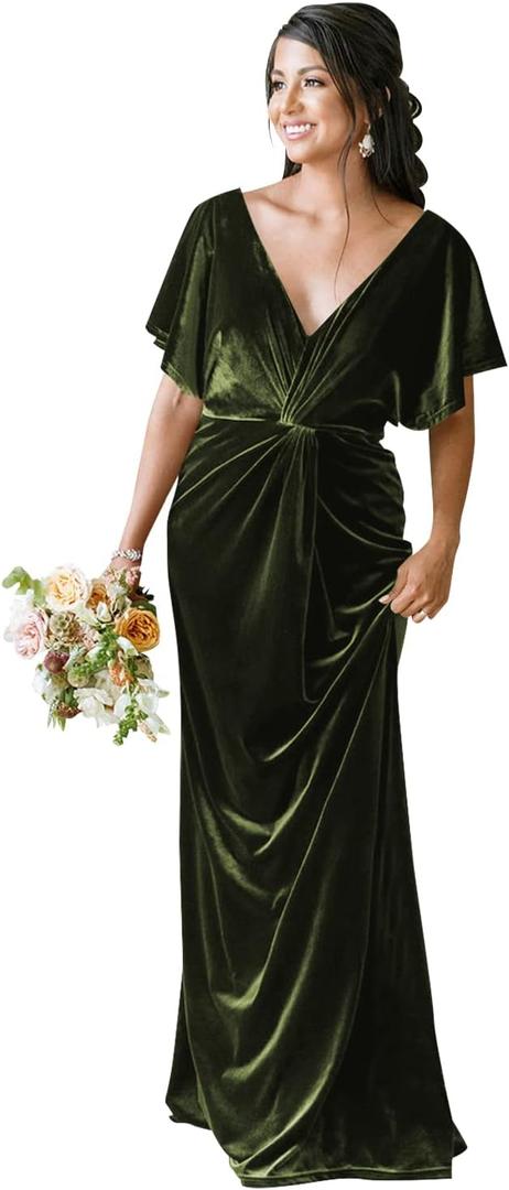 SYYS Ruffle Sleeves Bridesmaid Dresses Long Empire Waist Velvet Winter Wedding Guset Dress SYYS368 (24 Plus, Olive)