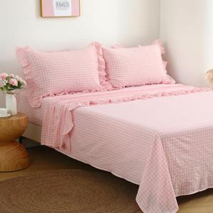 Peach Blush White Plaid Ruffle Gingham Sheets Twin Size 4-Piece Set, 300TC 100% Yarn Dyed Cotton Sheets 18 in Deep Pocket Kids Preppy Decorative Bedding (Blush/White Plaid, Twin)