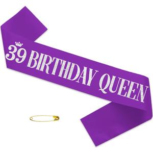 8 x 39 Birthday Queen Sash for Women Purple Satin with Silver Foil Letter Happy Birthday Fabulous Party Favors Decorations Supplies Purple Silver