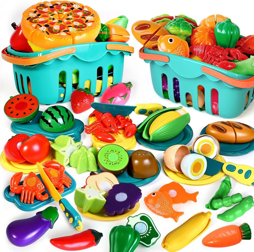 100 Pcs Play Food Set for Kids Kitchen, Pretend Food Toy for Toddlers Age 1-3, Plastics Cutting Fake Food/ Fruit/ Vegetable Accessories with 2 Baskets, Birthday Gifts for 2 3 4 5 Years Old Boys Girls (Blue)