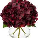 Hollyone Dark Red Fall Hydrangea Artificial Flowers for Decoration in Glass Vase Autumn Silk Faux Flower Arrangements with Faux Water Table Centerpiece Vase with Fake Flowers Fall Decorations for Home