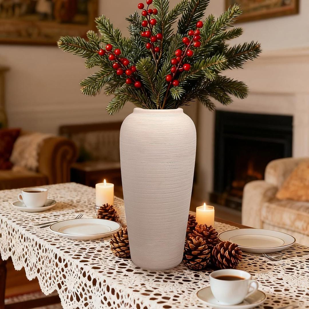 Tall Ceramic Vase 12 Inch Neutral Textured Vase,Cream Ceramic Vase for Home Decor,Farmhouse Tall Ceramic Flower Vase for Dining Table,Living Room,Kitchen,Bedroom,Entryway