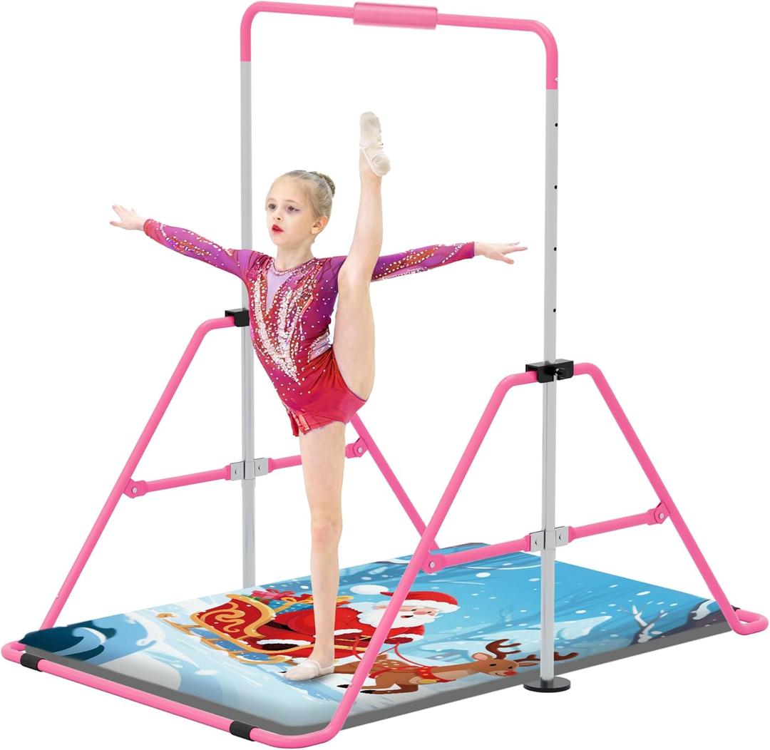 Gymnastics Bar with Self-Inflating Mat for Kids, Adjustable Height Gymnastic Horizontal Bars with Mat, Folding Gymnastic Training Monkey Bars, Junior Expandable Training Kip Bar for Home (Pink with Santa Claus Mat)