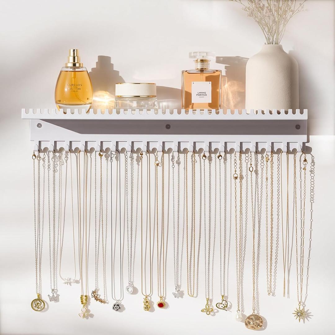 Necklace Holder Wall Hanging Organizer: Wall Mounted Jewelry Shelf with 56 Hooks and Tray, Display Hanger for Kids, Girls and Women, White & Metal