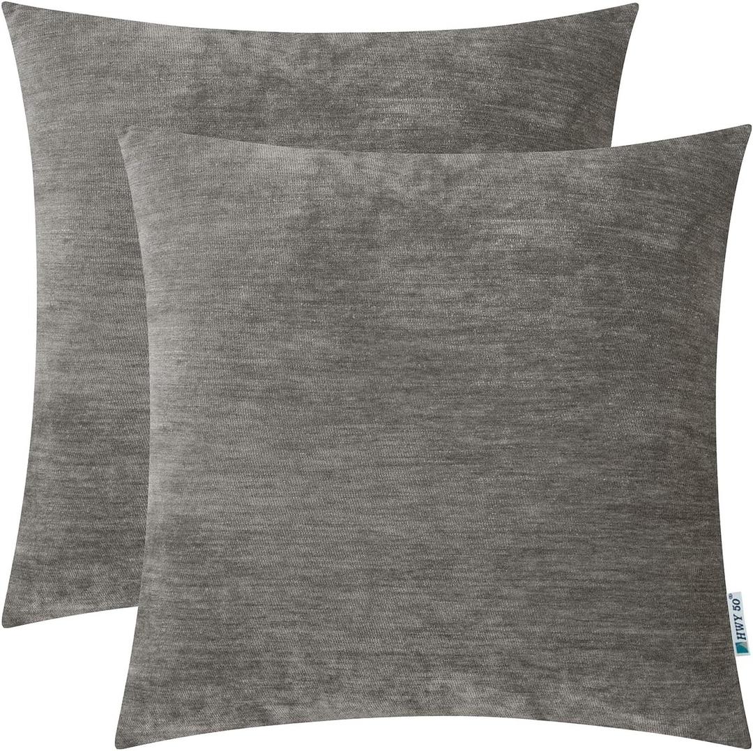 HWY 50 Grey Gray Decorative Throw Pillows Covers Set 20x20 Inch for Couch Living Room Bedroom Sofa Bed, Chenille Soft Comfy Solid Throw Pillow Case Cushion Cover Pack of 2