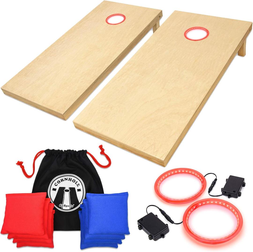 GoSports Solid Wood Regulation Cornhole Sets with LED Light Kit Bundle Pack | Choose from Blue, Red or White LEDs
