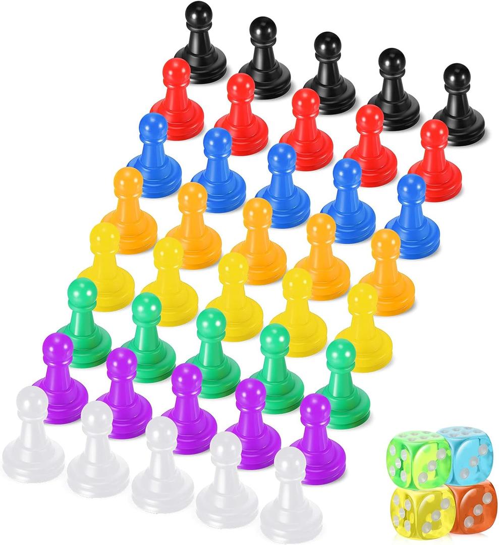 Zhanmai 40 Pcs Board Game Pieces Game Pawns Multicolored Plastic Chess Pawn Pieces for Board Play and 4 Pcs 6 Sided Round Corner Solid Color Dice for Chess Play Components Tabletop Markers
