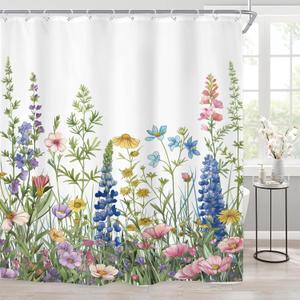 Riyidecor Wildflower Floral Spring Shower Curtain for Bathroom Decor 72Wx72H Watercolor Flower Botanical Plant Rustic Green Leaves Nature Art Printed Fabric Polyester Waterproof 12 Pack Plastic Hooks (01colorful)