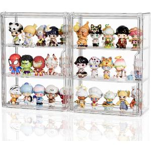JOYZAN Acrylic Display Case for Collectibles, 2 Packs 3 Tiers Clear Display Case for Figures, Wall-Mounted Storage Box with Magnetic Door, Adjustable Figurine Display Shelf Dust-Proof Showcase