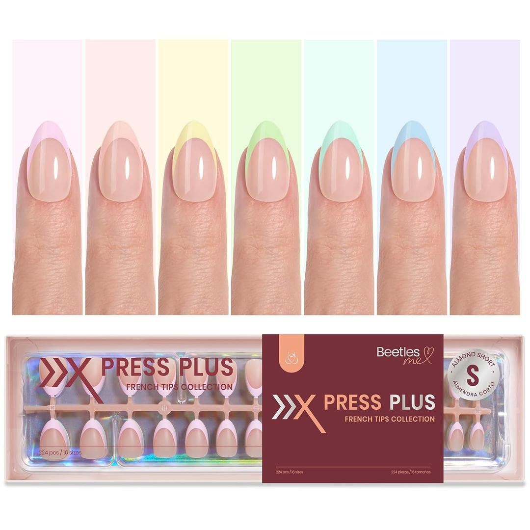 Beetles French Tip Press On Nails 224 Pcs 7 Colors, Short Almond Classic Fake Nail Tips, Pastel Romance Macaron Soft Gel Nails False Nails Art DIY For Women
