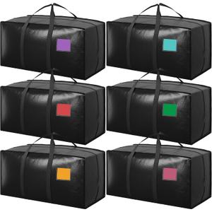 6 Pack Moving Bags with Full-Open Side Zipper, Extra Large 93L Heavy Duty Waterproof Foldable Storage Totes for College Dorm, Moving & Home Organization Black