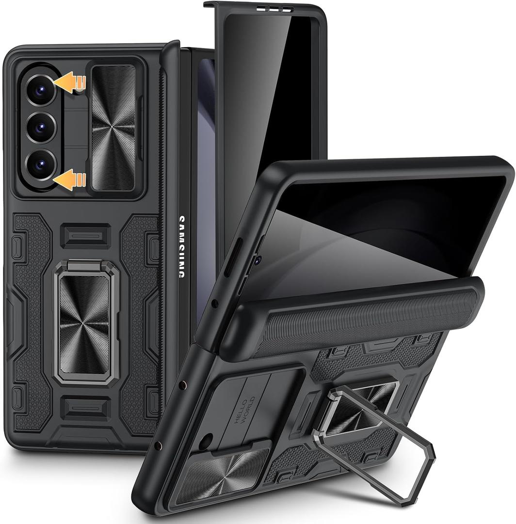 VEGO for Galaxy Z Fold 5 Case, with Privacy Screen Protector, Built-in Slide Camera Cover & 360 Magnetic Kickstand Drop Protection Case for Samsung Galaxy Z Fold 5 5G 2023-Black