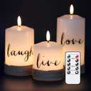 GenSwin Battery Flameless Candles with 10-Key Remote Timer, Real Wax Pillar LED Candles Live Laugh Love, Realistic 3D Wick Flickering Gift (D3 x H4.7 5.7" 6.7", Pack of 3)