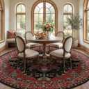 RELEANY Area Rugs Round 8ft Washable Non-Slip, Floral Vintage Distress Medallion Carpet for Living Room Bedroom Dining Room, Red Black