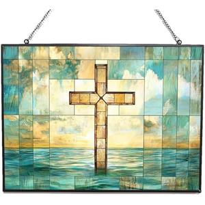 365CUSGIFTS Rectangle Stained Glass Window Hanging, Vintage Cross Suncatcher Diamond Glass Panel Landscape Sun Catchers Decor for Birthday for Women, Men, Wife, Aunt, and Mom 15"x11"