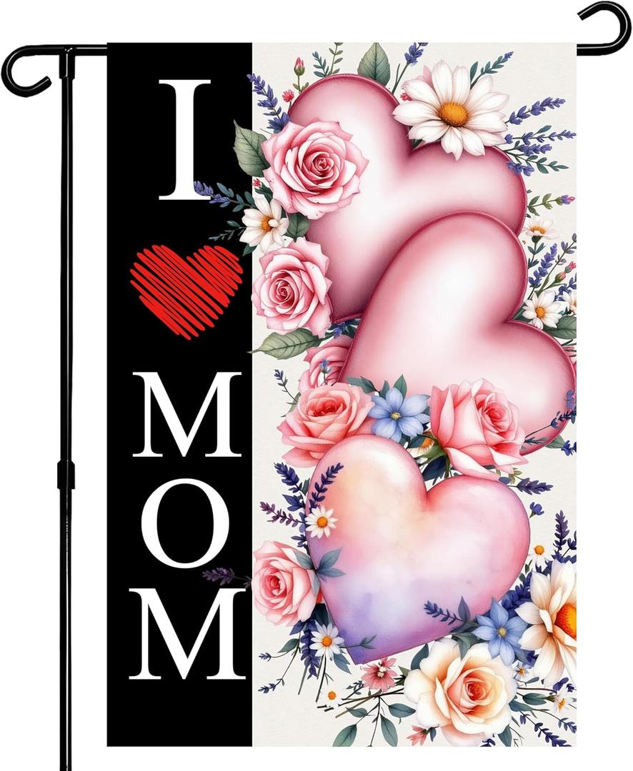I Love Mom Happy Mothers Day Garden Flag 12x18 Inch Double Sided for Outdoor Pink Floral Heart Yard Flag Welcome Yard Party Decoration Flag (Mother02, GardenSize(12x18''))