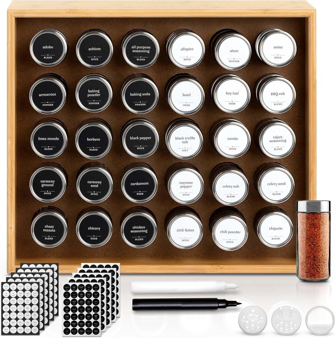 BOURBON & BARREL Wooden Spice Rack Organizer with Glass Jars | Stainless Steel Lids | Bamboo Countertop Spice Organization | 350 Waterproof Spice Labels | 2 Chalk Markers | 30 4oz Jars [Bamboo]