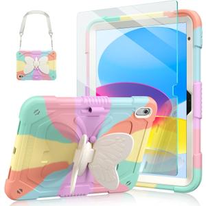 Ambison Case for iPad (A16) 11th/10th Generation (2025/2022) 11''/10.9'' for Kids Girls with 9H Tempered Glass Screen Protector, Heavy Duty Protective with Butterfly Stand, Carrying Strap-Multicolor