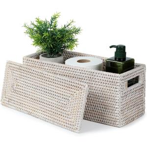 YANGQIHOME Toilet Paper Basket, Rattan Toilet Tank Basket for Bathroom, Wicker Baskets with Lid for Storage, Whitewash