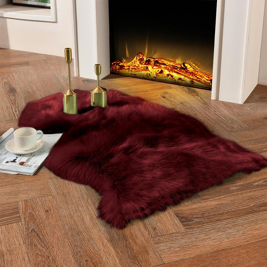 duduta Burgundy Sheepskin Throw Rug 2x3 ft, Fluffy Shag Faux Fur Seat Chair Covers Non Slip Washable