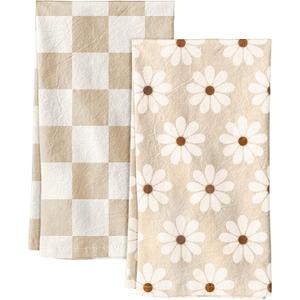 2 Pack Flour Sack Kitchen Towels - 16x26 Inch Cotton Dish Towels with Hanging Loop Reusable Geometric Boho Modern Retro Tea Towel Absorbent Dishcloths Home Decor, Beige Checkered Flower