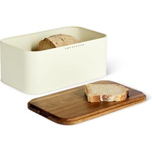 Amazon Basics Carbon Steel Bread Box with Acacia Wood Lid, Lid Doubles as Cutting Board, 11.9 x 7.1 x 5.2 in