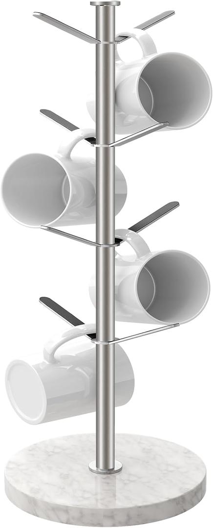 Marble Mug Holder Tree, 8 Hooks Brushed Nickel Coffee Cups Stand, New Upgraded Stable Mug Stand for Kitchen Counter Cabinet Cafe